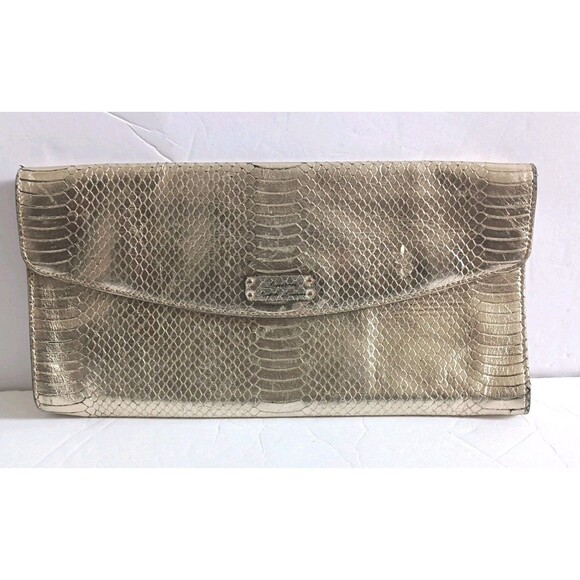 Vintage Lauren Ralph Lauren Gold Clutch Bag Snakeskin Inside Mirror Glam Retro - Picture 1 of 11